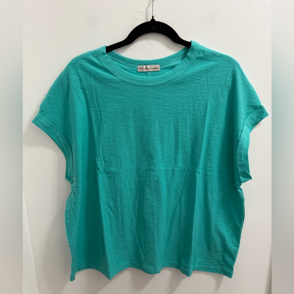 Zenana 100% Cotton 
Round Neck Cuffed Detail Short Sleeve Top Large